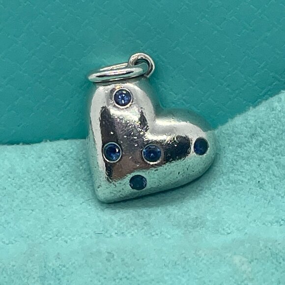 RARE Tiffany & Co. Blue Sapphire Etoile Heart Charm Pendant Sterling Silver - Picture 11 of 15